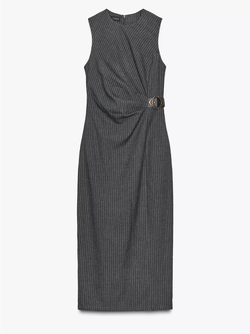 Zara Charcoal Pinstripe Midi Dress with Side Buckle